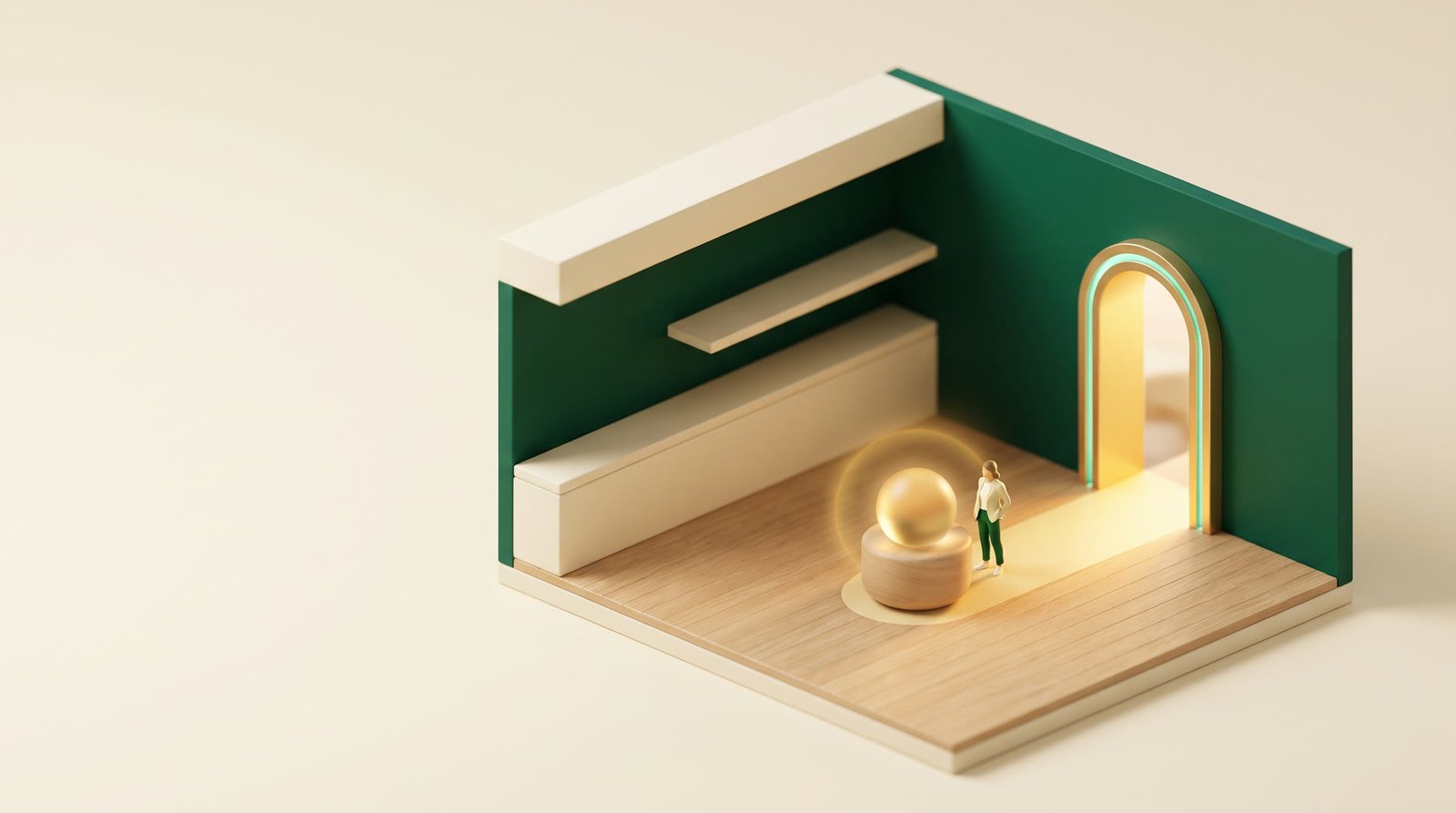 A warm room where a glowing idea sits on a plinth, with a golden doorway leading onward.
