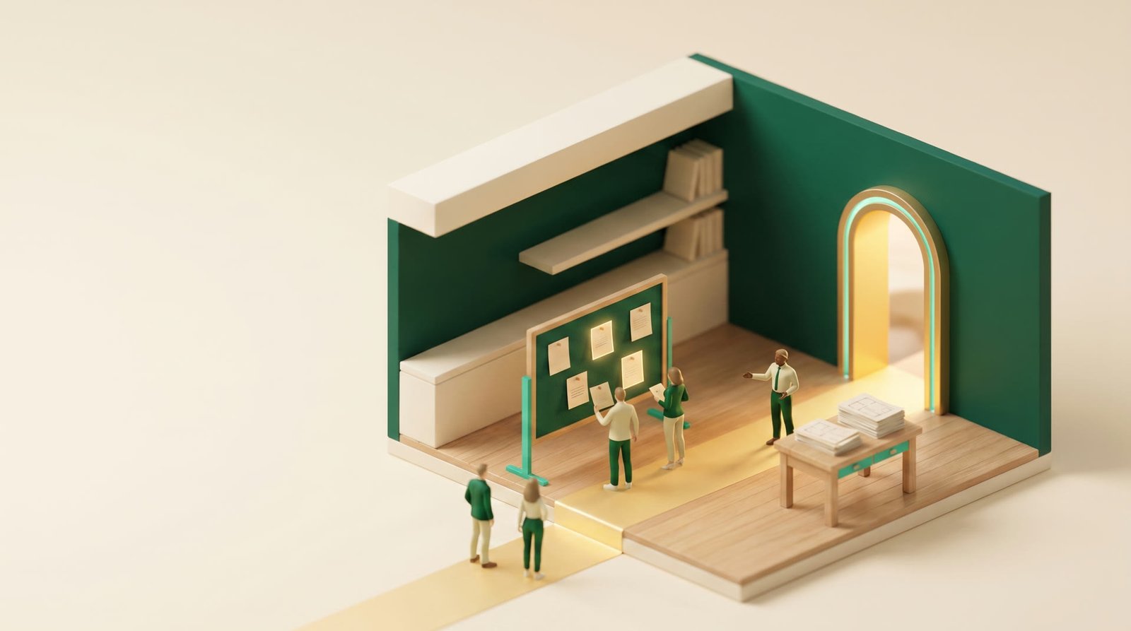 A room where miniature people review question cards and assemble plan pages, with a doorway onward.