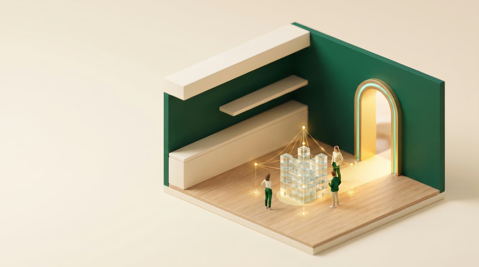 A room with a central translucent business model whose driver nodes are joined by golden threads.