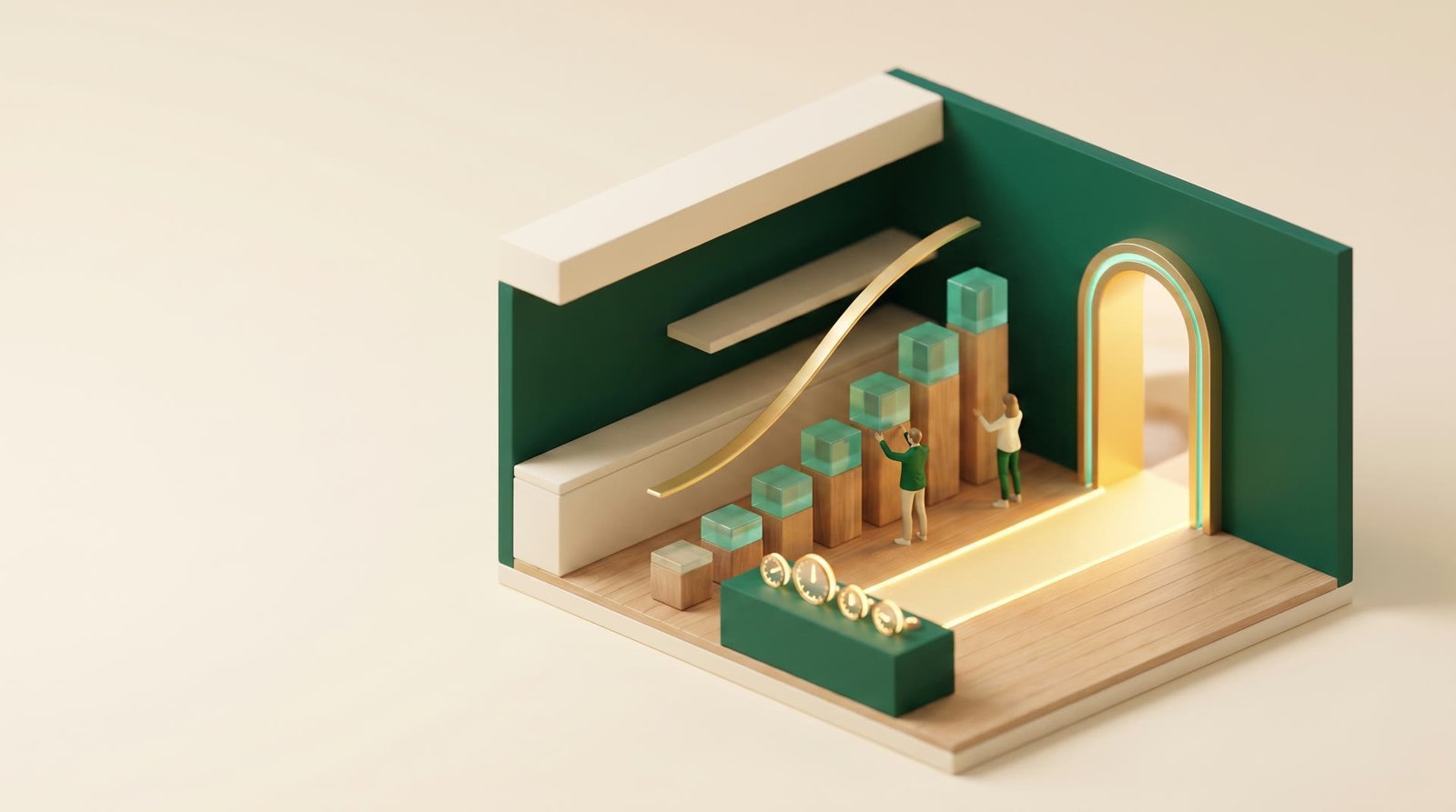 A room of rising chart sculptures, a curved timeline ribbon and probability dials.