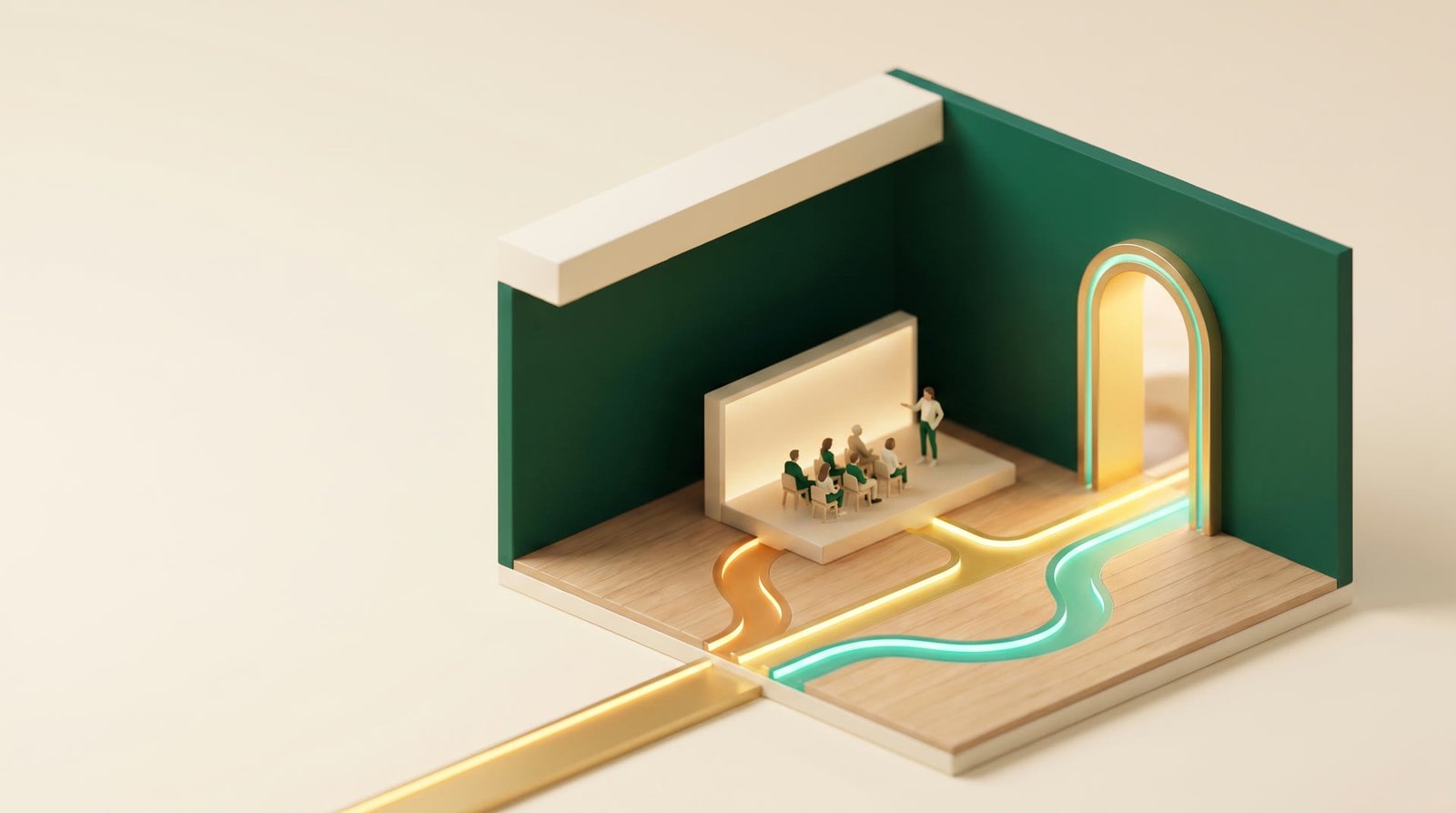 A room where a golden path splits into three scenario branches leading to a small pitch stage.