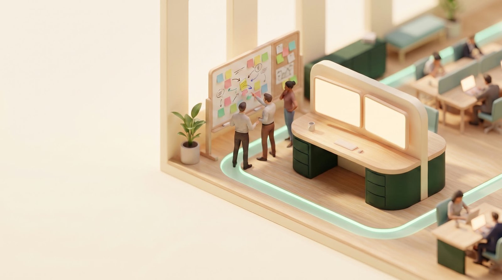 A small team of clay figures collaborating around a whiteboard of sticky notes and idea sketches, a mint light path leading onward.
