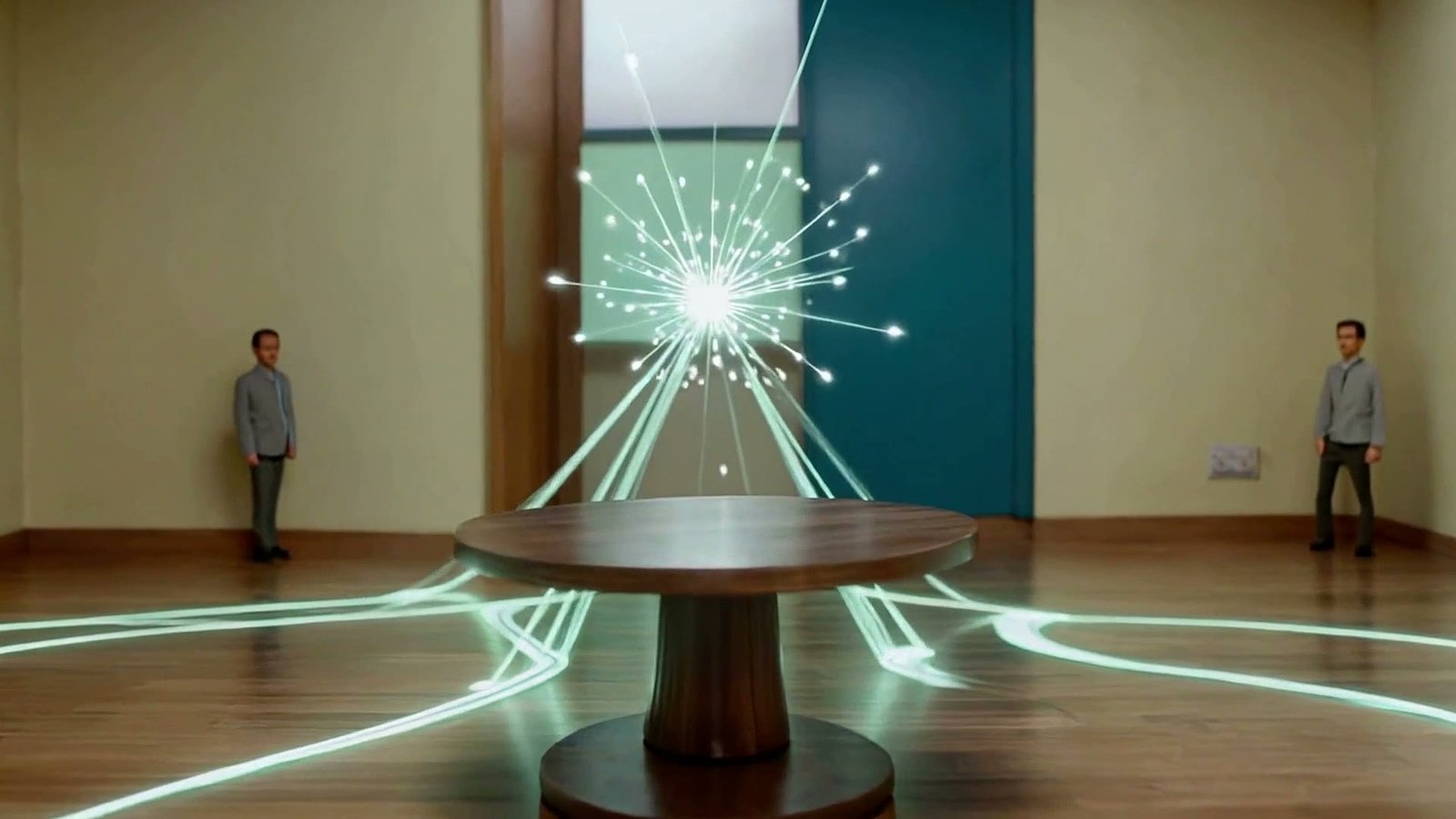 A central diorama room where a team stands around one glowing node cluster the mint path braids into.
