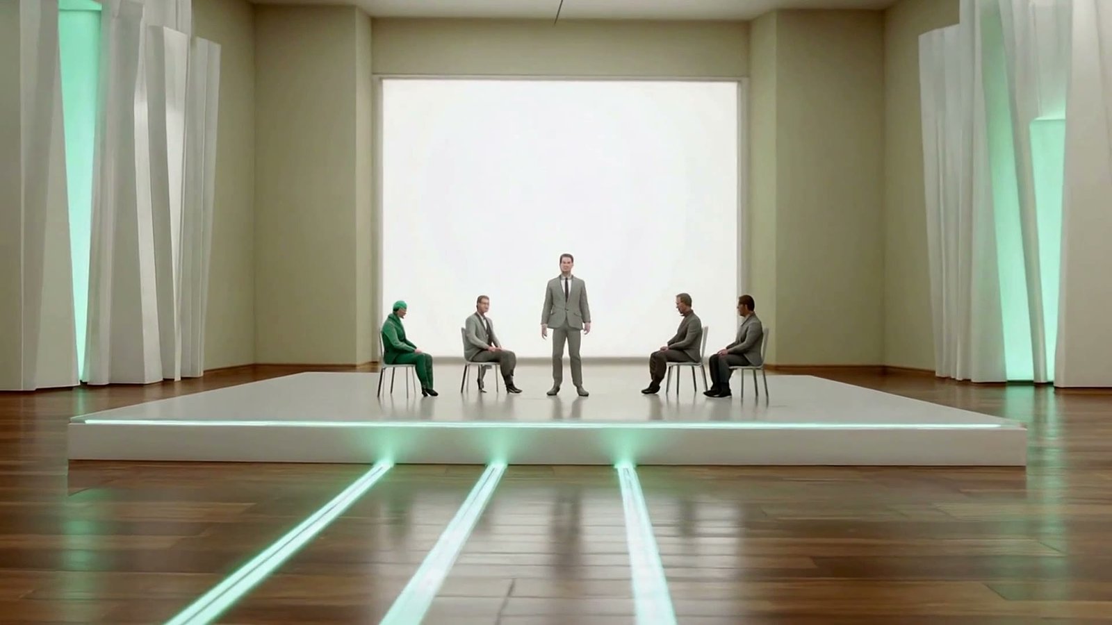 A room where the mint path forks into three branches and a team rehearses a pitch on a small stage before seated investor figures.
