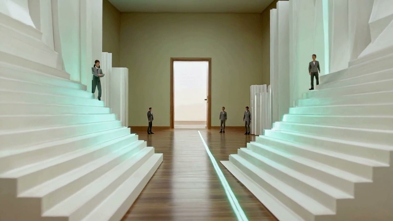 A room where a team builds financial models among rising blank chart-sculptures and a curved timeline ribbon lit by the mint path.