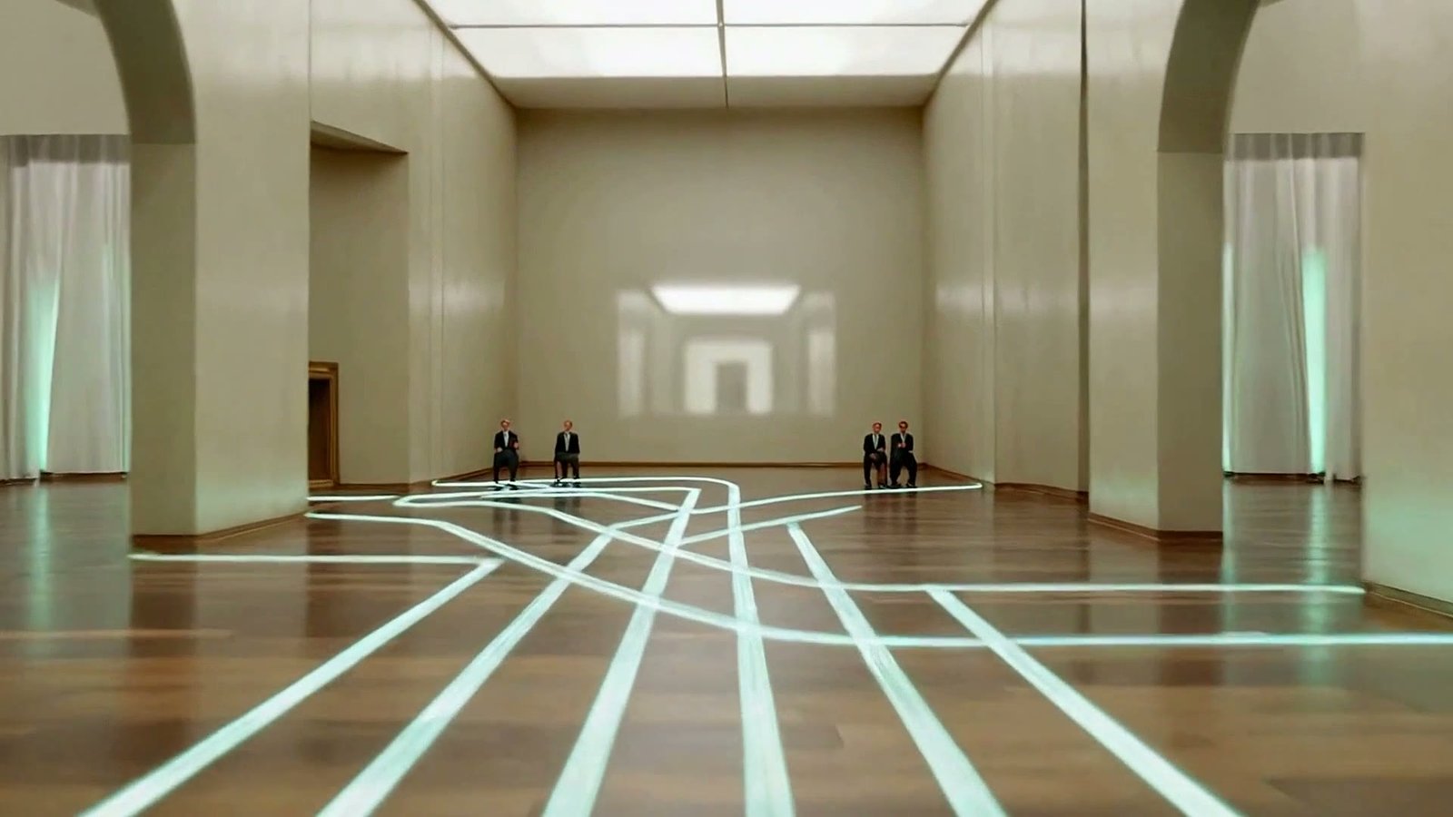 A finale hall where the mint path splits into branches flowing back through all the earlier rooms and their teams.