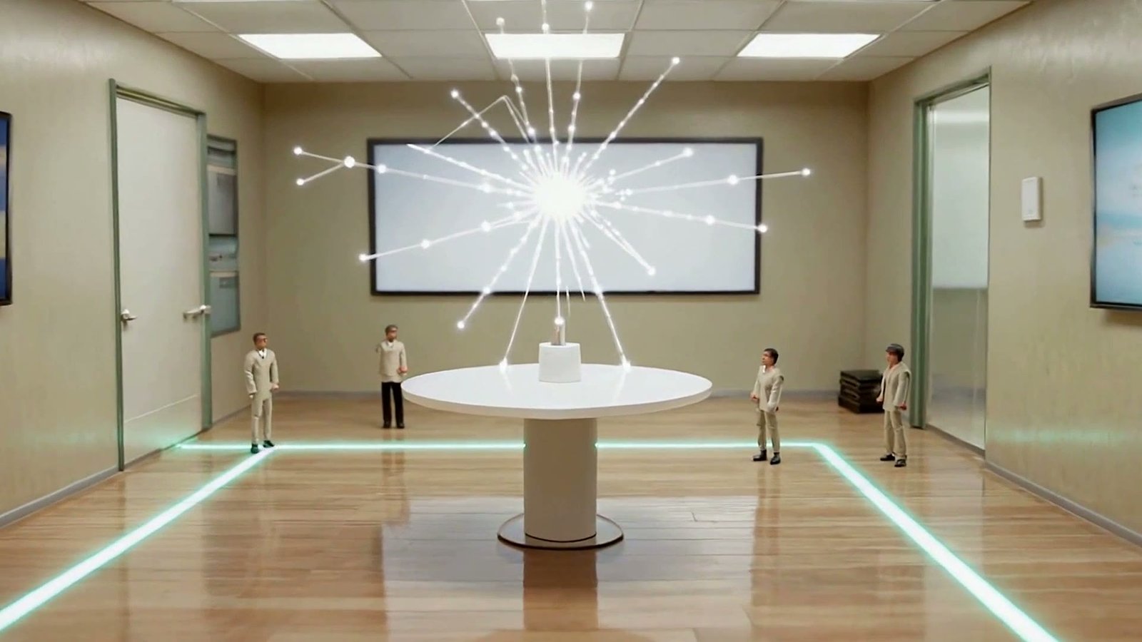 A central diorama room where a team stands around one glowing node cluster the mint path braids into.
