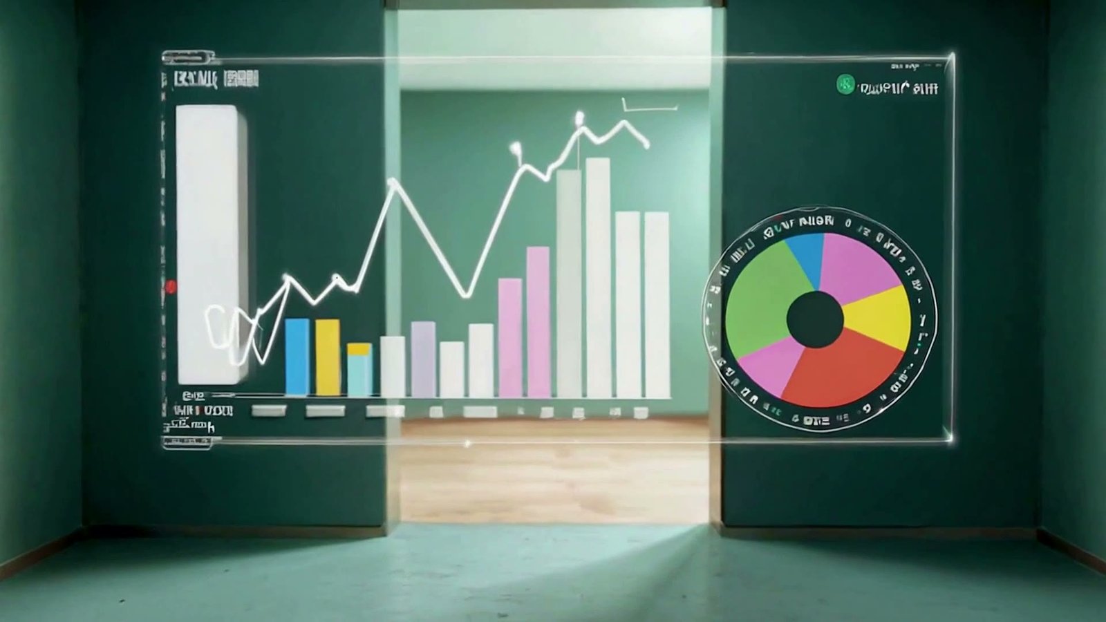 A room where a team builds financial models among rising blank chart-sculptures and a curved timeline ribbon lit by the mint path.