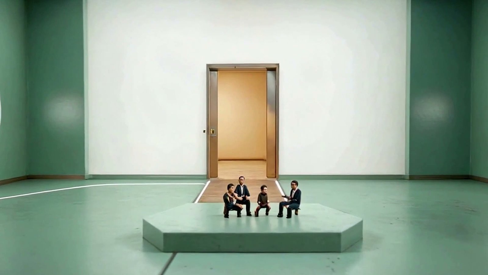 A room where the mint path forks into three branches and a team rehearses a pitch on a small stage before seated investor figures.