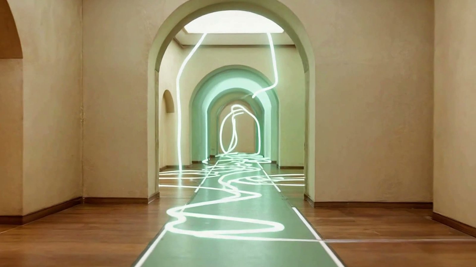 A finale hall where the mint path splits into branches flowing back through all the earlier rooms and their teams.