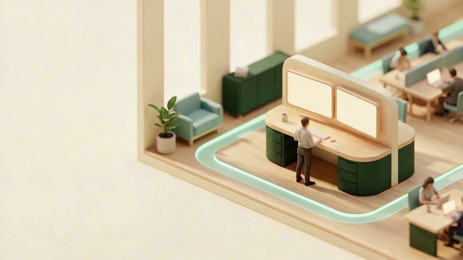 A founder at a curved desk with glowing screens, a mint light path leading onward through the workspace.