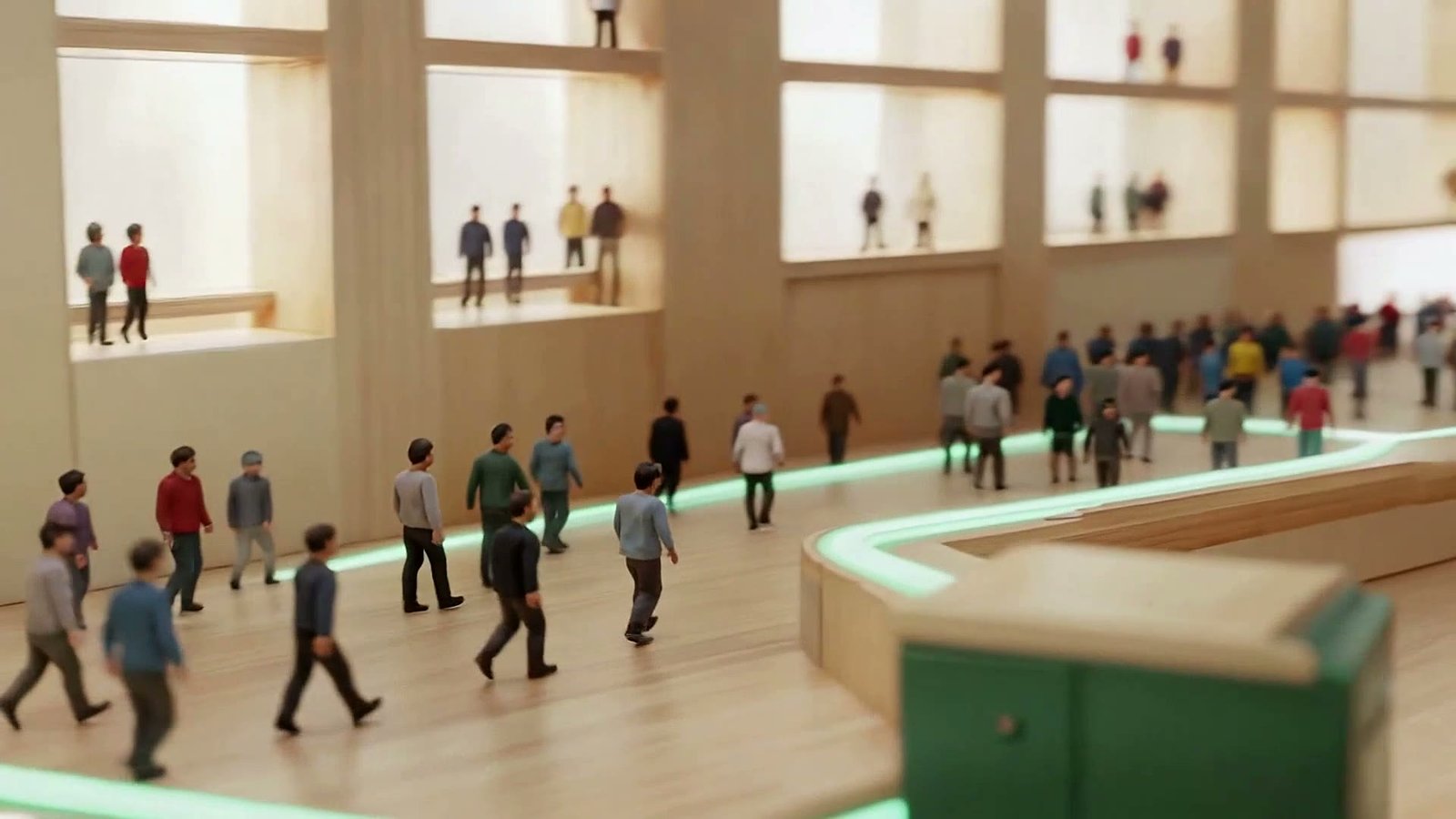 A bright atrium where many small figures arrive along branching mint paths and gather at a glowing wall.