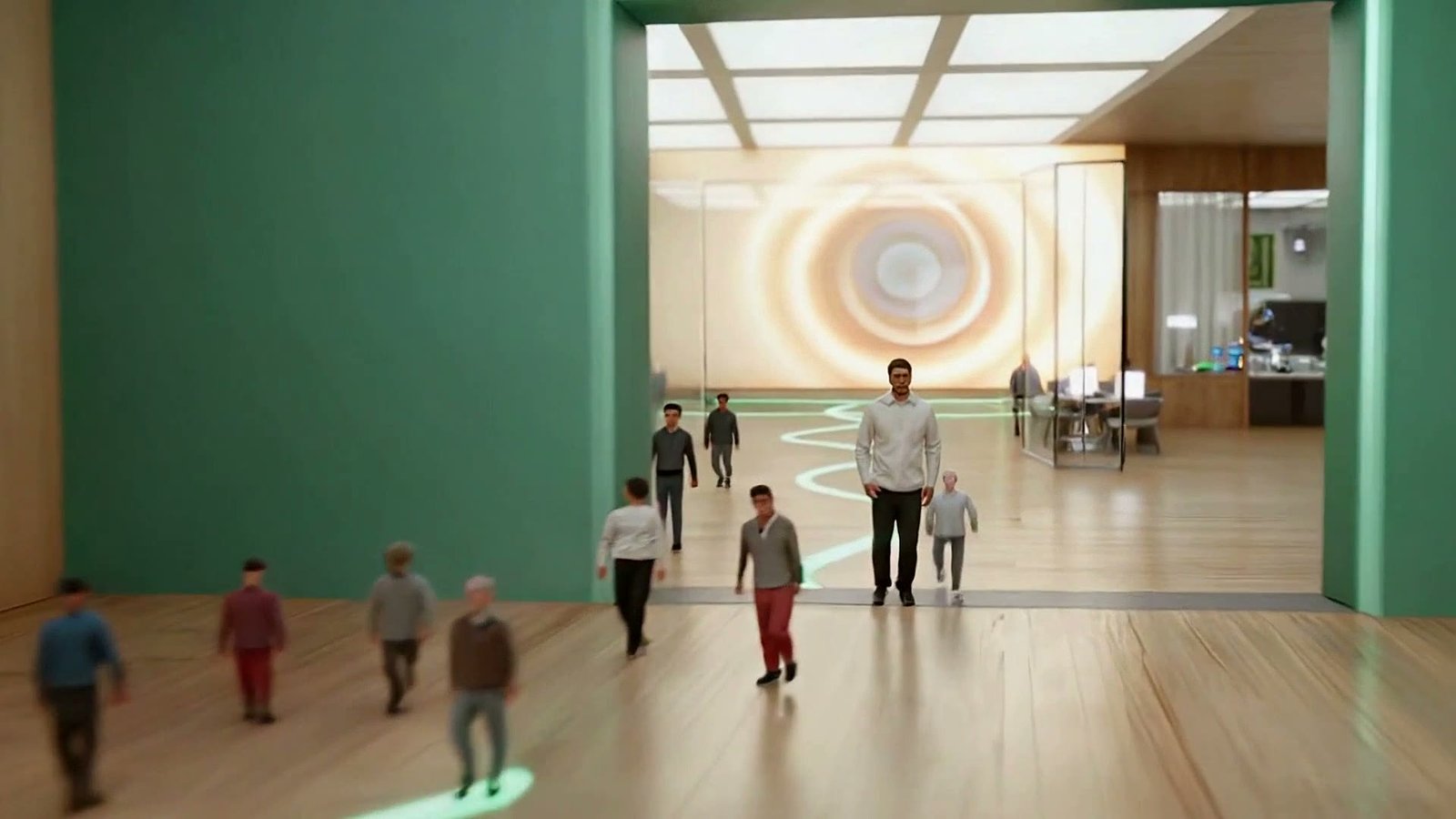 A build-in-public studio beside a glass beta lab of testers, joined by thin mint light lines on the floor.