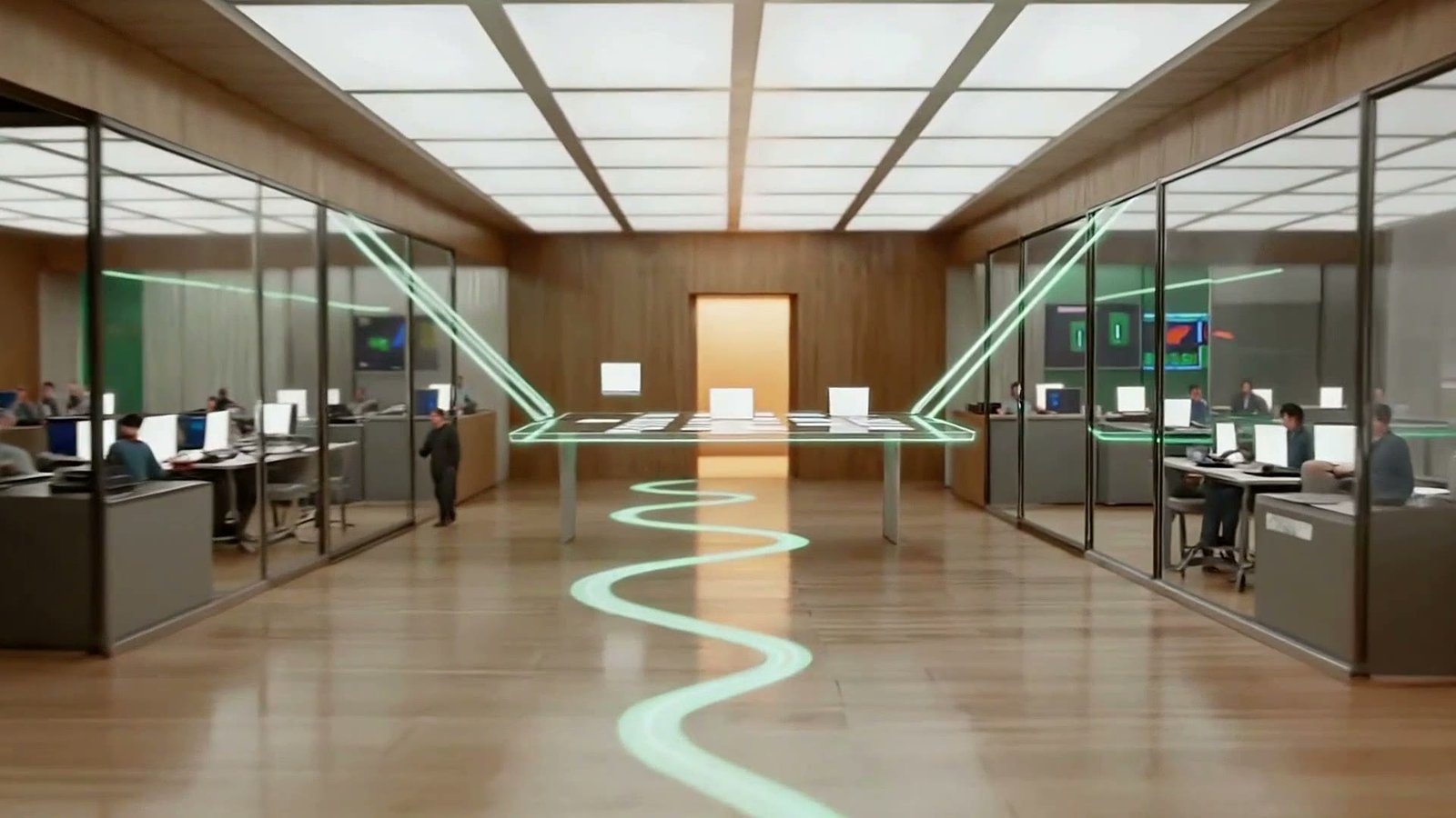 A calm decision room where mint streams converge on a central glass table and white evidence cards assemble.
