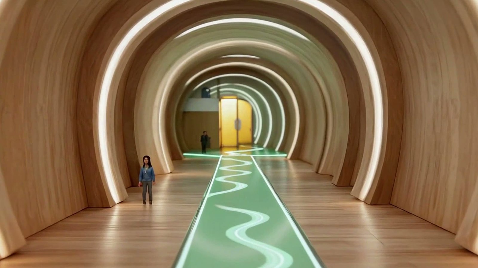 A luminous arched hall where the mint path splits into branches flowing back through all the earlier rooms toward a bright doorway.