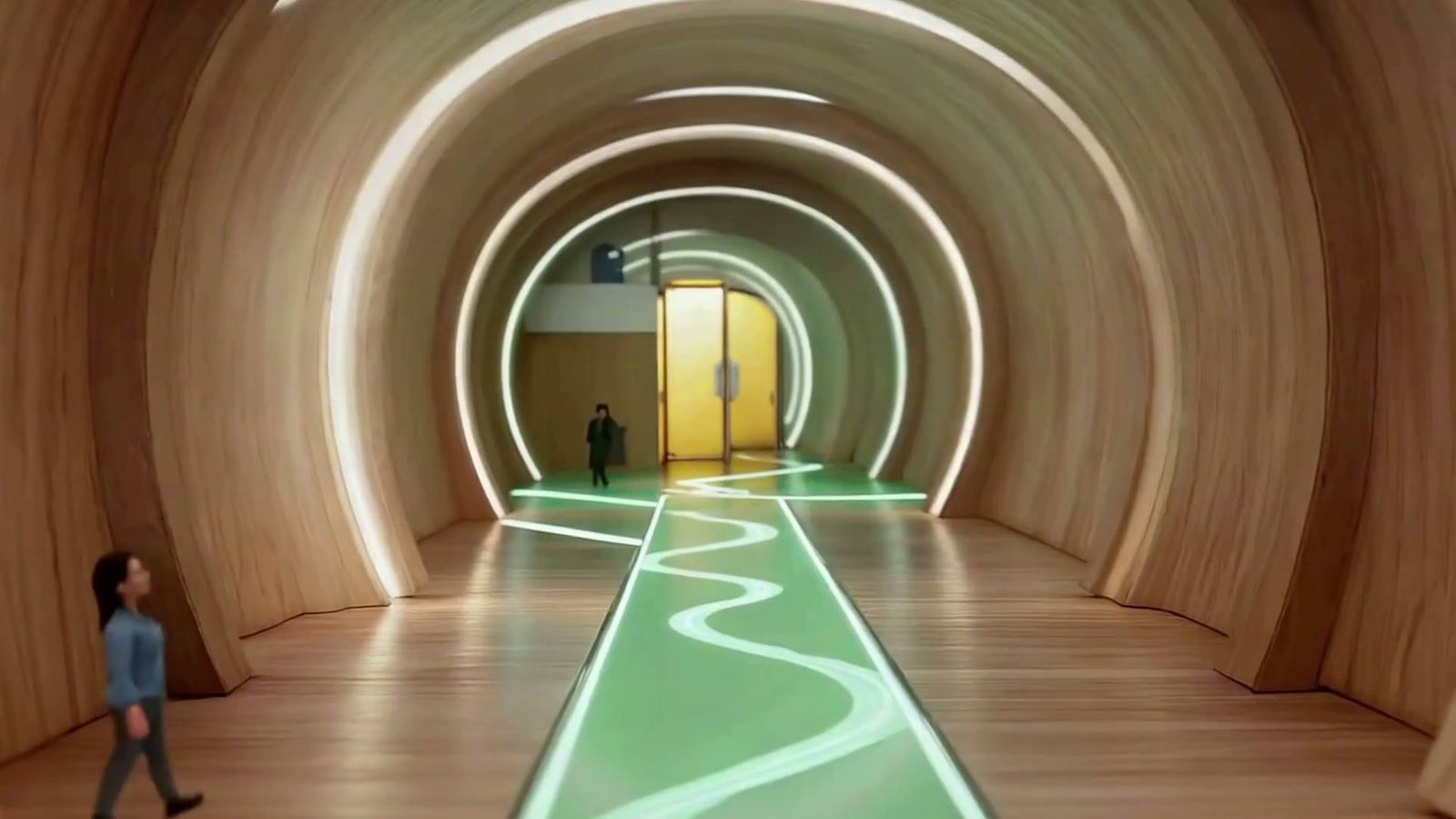The luminous arched hall ending at a bright yellow double door; the mint light path leads to it and the doors swing open into a pitch studio.