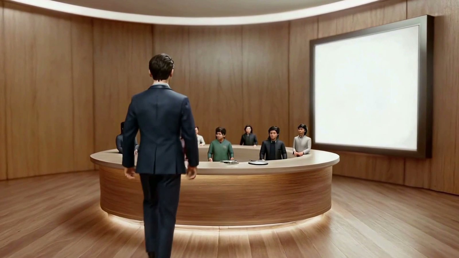 A warm cinematic pitch studio where a founder presents to five investors behind a curved backlit desk, a large glowing screen showing a clean forecast dashboard.